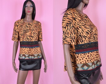 90s Vintage Tiger Print Blouse Short Sleeve Shirt Animal Print Top Button Up Shirt Dressy Top Exotic Print Blouse African Print Blouse LARGE