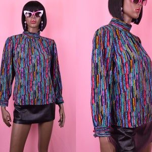 90s Vintage Colorful Blouse Rainbow Striped Top Colorful 90s Top Turtleneck Blouse Retro Print Top Fun Print Blouse Unique Top Shirt MEDIUM