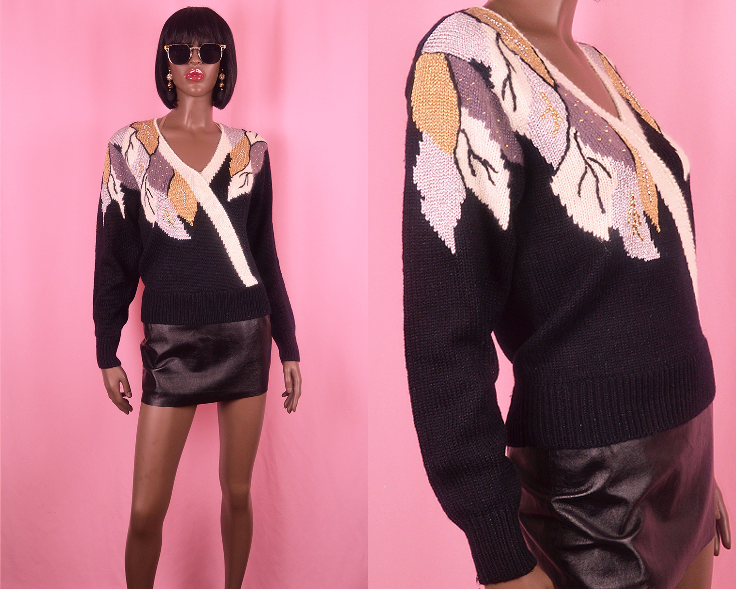 Vintage 90s Sweater Beige Sweater Gold Sweater 1990s Abstract Sweater Art Deco Sweater Gold Silver Sweater Retro 90s V-Neck Sweater SMALL