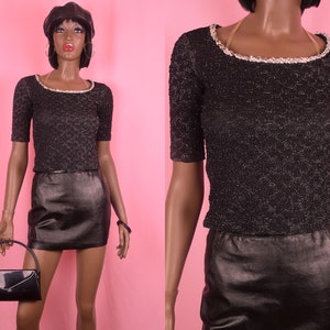 Vintage 90s Stretchy Black Top Black Stretch Top Black Silver Top Sparkly Top Silver Sequins Top Silver Sequins Blouse Cute 90s Top SMALL