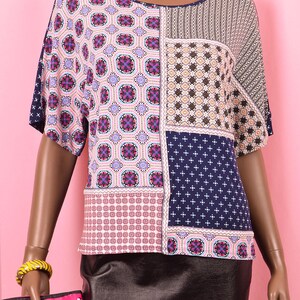 Colorful 90s Top Patchwork Top Hot Pink Top Navy Blue Top Casual Top Summer Top Abstract Cute Top 90s Blouse Gift for Her 1990s Shirt MEDIUM image 4