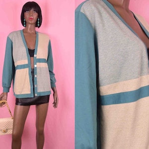 Green Cardigan Sweater 90s VINTAGE Green Beige Cardigan Womens Mens Cardigan Sweater Unisex Button Up V-Neck Sweater Preppy Sweater LARGE