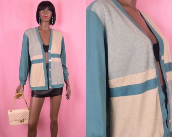 Green Cardigan Sweater 90s VINTAGE Green Beige Cardigan Womens Mens Cardigan Sweater Unisex Button Up V-Neck Sweater Preppy Sweater LARGE