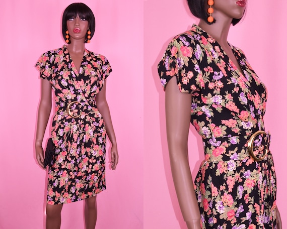 90s Vintage Floral Dress Belted Dress 90s Dresses… - image 1