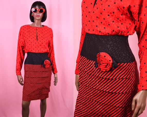 Red Polka Dot Dress 90s 100% Silk Vintage Polka D… - image 1