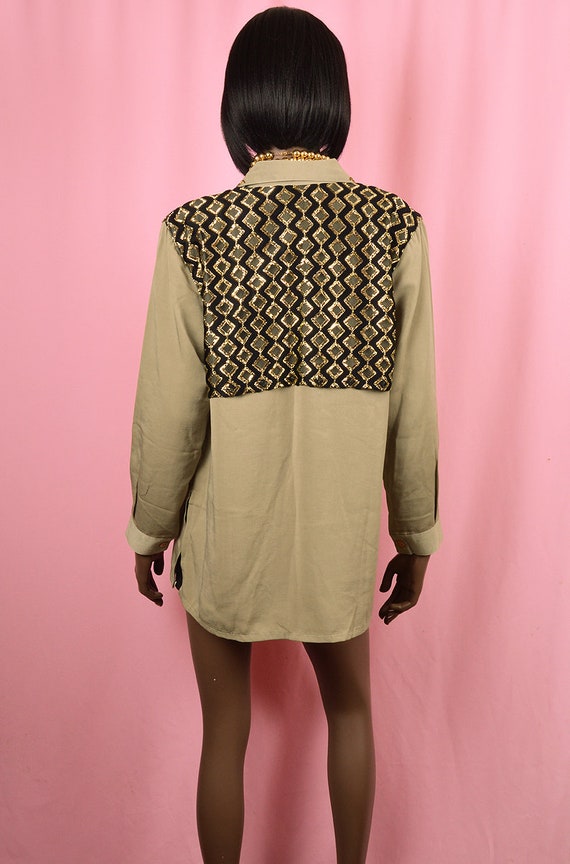 90's Olive Green Blouse Olive Gold Button Up Blou… - image 5