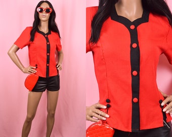 Red Short Sleeved Blouse Black Short Sleeve Blouse Red Button Up Blouse 90s Red Tops 90s Red Blouse Secretary Blouse Office Blouse SMALL