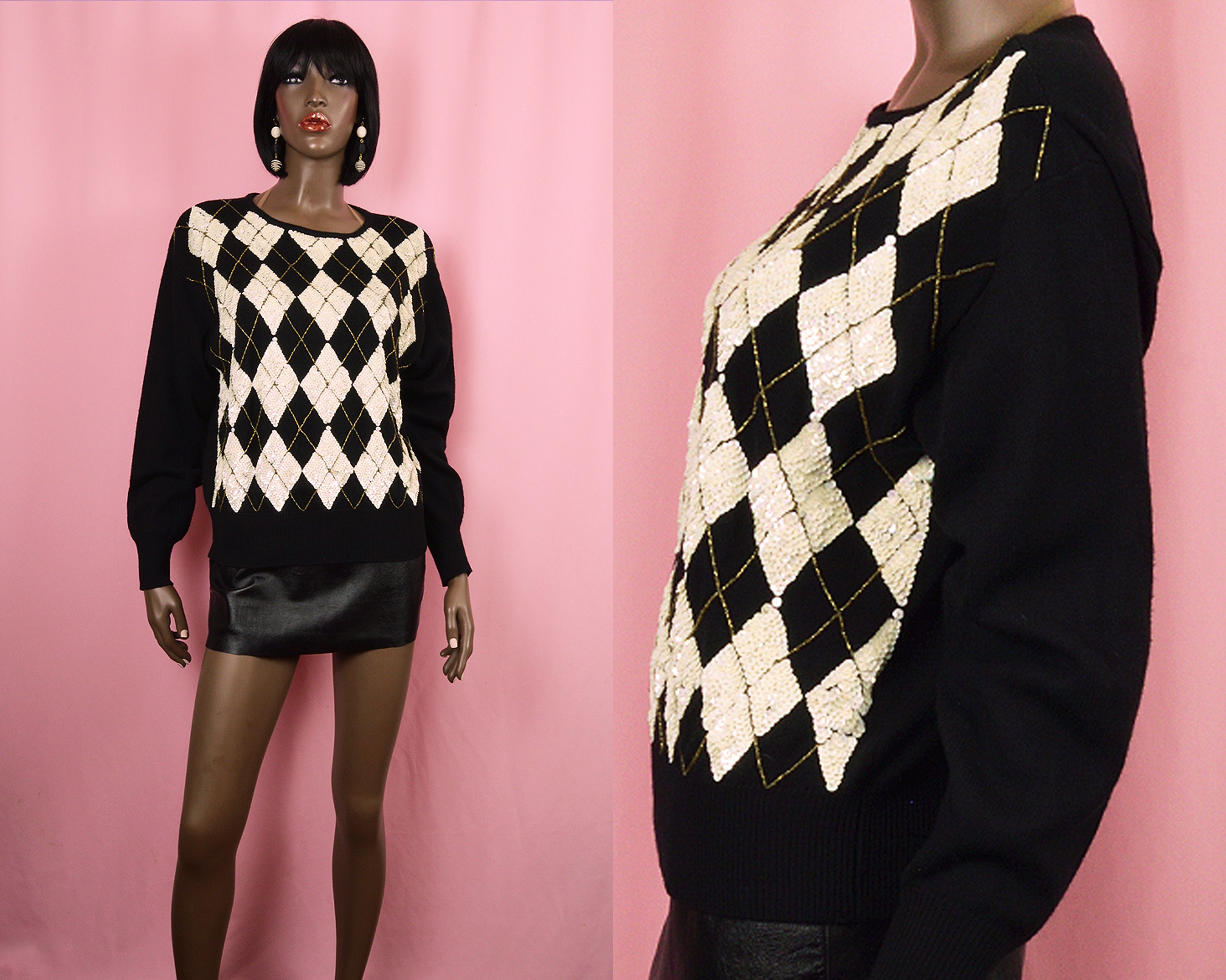 90s VINTAGE Black & White Argyle Sweater | Sequins Sweater Black White Checker Top Checker Print Top | 90s Sweater Retro Sweater | MEDIUM