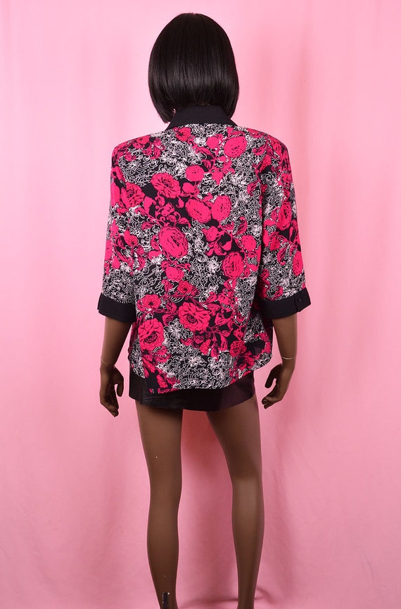 Hot Pink Blouse 1990's VINTAGE Top Hot Pink Flora… - image 4