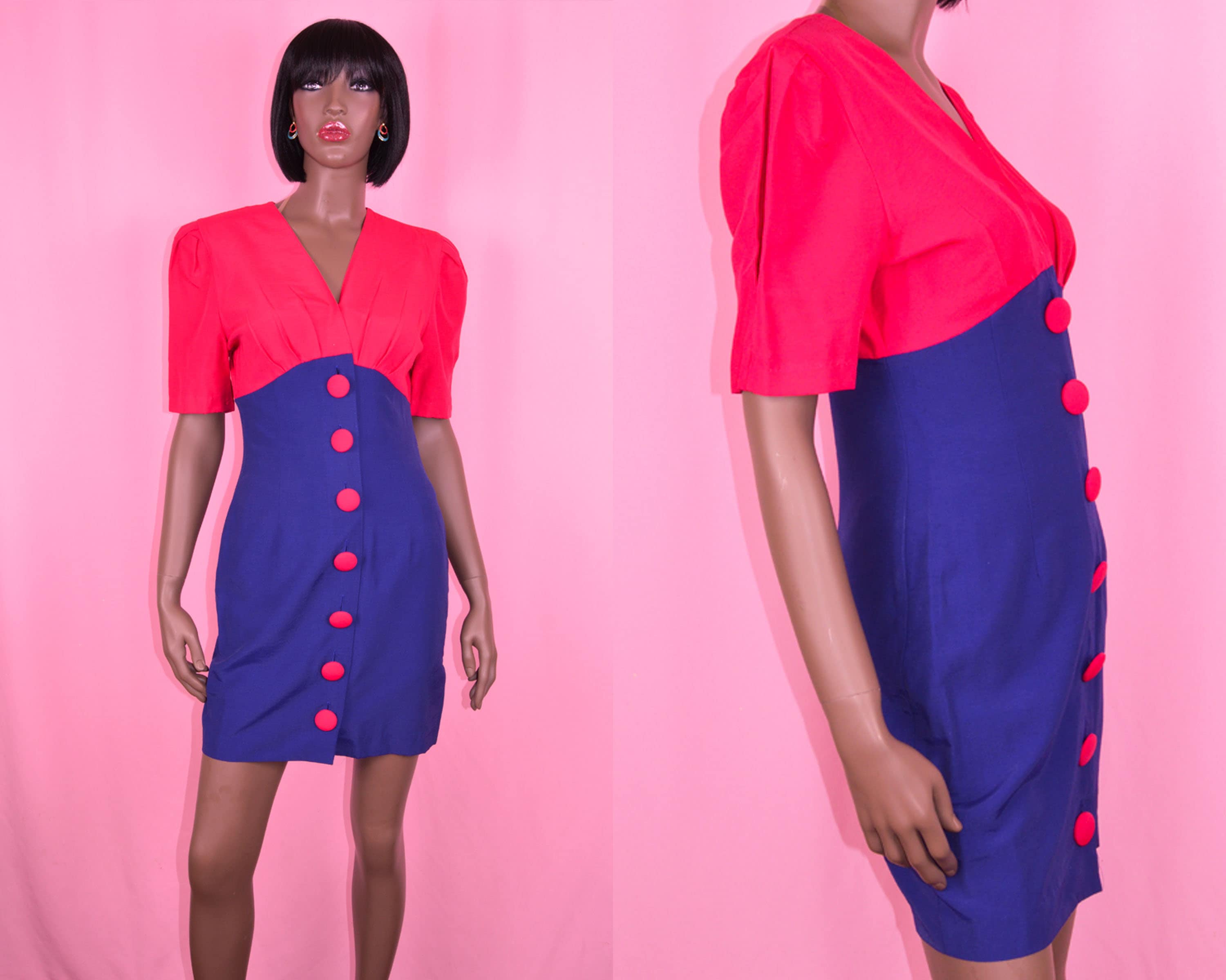 90s Vintage Navy Blue Dress Hot Pink 