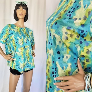 Vintage 1990&#39;s Retro Print Blouse | Green Polka Dot Blouse | 1990&#39;s Green Top | Turquoise Blue Tops | Blue Polka Dot Shirt | Gift | LARGE