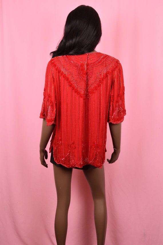 Red Silk Blouse VINTAGE 1980s Red Silk Beaded Blo… - image 5