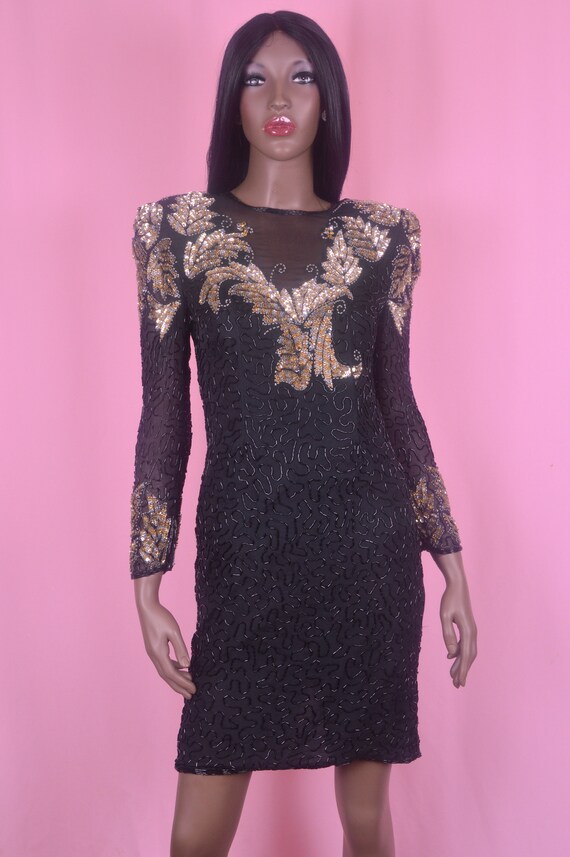 80s Vintage Sequins Party Dress Gold Black Beaded… - image 2
