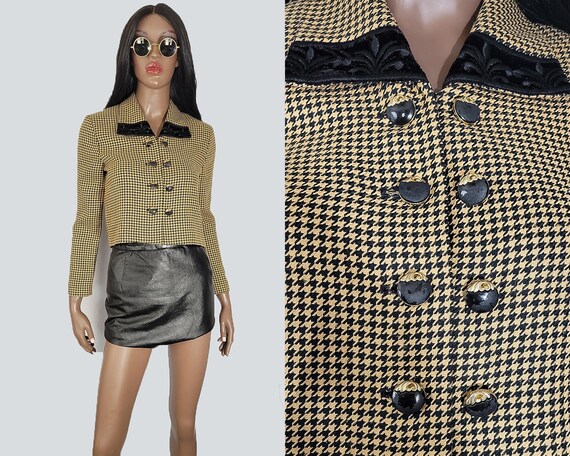 90's VINTAGE Tan Gingham Print Cropped Jacket Vintage 90s