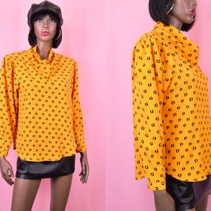 90s Vintage Yellow Blouse Long Sleeve Yellow Top Retro Print Blouse Retro 90s Top Abstract Print Top Unique Print Bright Yellow Top MEDIUM