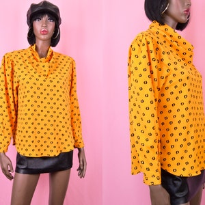 90s Vintage Yellow Blouse Long Sleeve Yellow Top Retro Print Blouse Retro 90s Top Abstract Print Top Unique Print Bright Yellow Top MEDIUM image 1