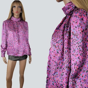 1990's VINTAGE Retro Pink & Purple Satin Turtleneck Blouse | Vintage 90's Tops | Hot Pink Blouse | Purple Turtleneck Blouse | Gift | LARGE