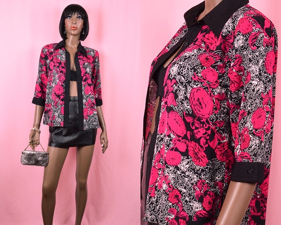 Hot Pink Blouse 1990's VINTAGE Top Hot Pink Flora… - image 1