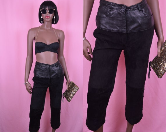 Vintage Black Leather Pants 90s Black Suede Pants… - image 1