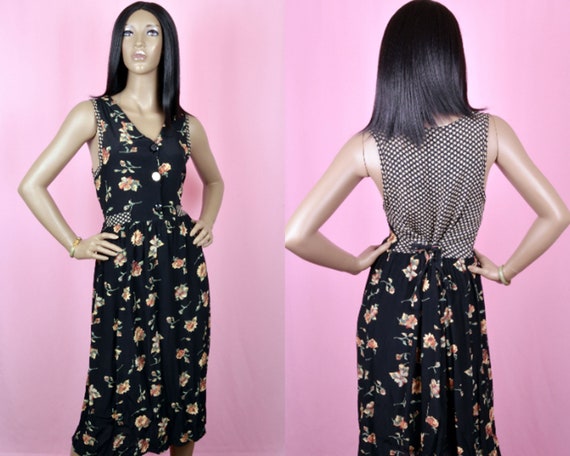 90s Floral Print Dress Black Floral Maxi Dress Ca… - image 1
