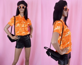 Vintage 90s Orange Top Daisy Print Shirt Y2K 1990s Tops Cute Orange Top Floral Print Shirt Cute Top Bright Orange Top Size SMALL-MEDIUM