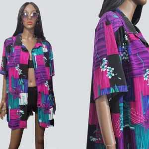 90s Colorful Button Up Shirt | Plus Sized Blouses | Purple Blouse | Teal Blouse | Retro Tops | 90s Blouse | Size 2X