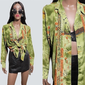 90s VINTAGE Olive Green Blouse | 90s Olive Green Top | Green Button Up Shirt | Green Button Up Blouse | LARGE-XL
