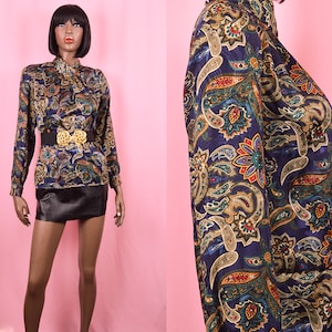 Navy Blue Turtleneck Blouse Paisley Print Blouse 90s Blouse 90s Turtleneck Top Colorful Dressy Blouse Dressy Top Olive Green Blouse MEDIUM