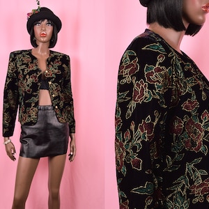 Black Velvet Blazer Jacket 1990&#39;s Vintage Blazer 90s Velvet Jacket Red Floral Jacket Gold Floral Blazer Jacket Dressy Jacket Coat Top MEDIUM
