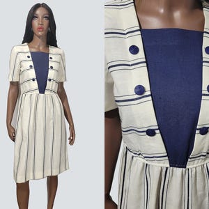 VINTAGE 90s Navy Blue Striped Nautical Dress | Vintage Navy Blue Dress | Beige Summer Dress | Women&#39;s Beige Dress | 90s Dress | Gift | Small