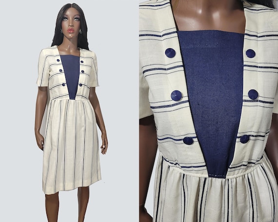 VINTAGE Robe marine à rayures bleu marine des années 90 Robe