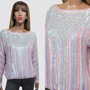 90s Pastel Rainbow Sequin Blouse, Colorful Sequins Blouse, Sequin Party Top, Evening Outfits, Evening Wear, Pastel Pink Top, SMALL/MEDIUM