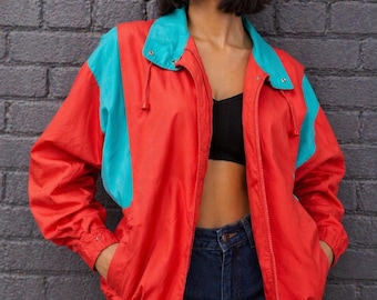Giacca a vento vintage anni '90 bicolore rosso e verde con zip / Unisex / Taglia M-L