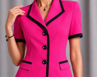 Vintage 90s Hot Pink & Black Short Sleeve Jacket | Power Blazer Statement Top | LARGE
