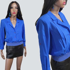 90s VINTAGE Royal Blue Button Up Blouse | SMALL