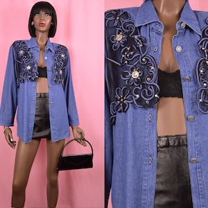Top in denim vintage Camicia in denim anni &#39;90 Top retrò anni &#39;90 Camicia retrò Top in denim con camicetta in pizzo nero Camicia in jeans Top in denim con bottoni Regalo GRANDE