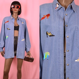Blauw denim overhemd met knoopsluiting hoge hak shirt hoge hak print top hoge hak top geklede denim blouse geklede denim top casual top moeder cadeau groot