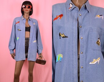 Bleu Denim Bouton Up Chemise Haut Talon Chemise Haut Talon Imprimé Top Haut Talon Top Habillé Denim Blouse Habillé Denim Top Décontracté Top Maman Cadeau LARGE