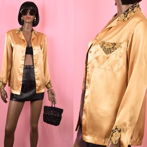 Gold Satin Blouse 90s VINTAGE Gold Satin Top Metallic Blouse Metallic Top Gold Sexy Top Gold Sleepwear Button Up Blouse Dressy Top MEDIUM