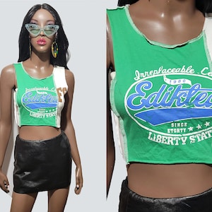 Y2K Vintage Green Crop Top: Raw Hem Cut Off, Size Medium