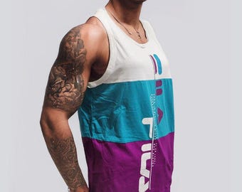 Camiseta sin mangas FILA para hombre, color azul verdoso y morado, talla mediana