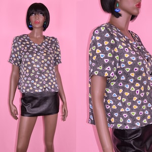 90s Vintage Colorful Print Top Art Deco Top Artistic Top Black Purple Green Blouse Short Sleeve Blouse Button Up Blouse Retro Blouse MEDIUM
