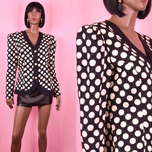 Veste á pois des années 90 Blazer á pois noir et blanc Chemisier boutonné 100 % soie Chemisier en soie noir ivoire Blazer habillé chemisier des années 90 GRAND