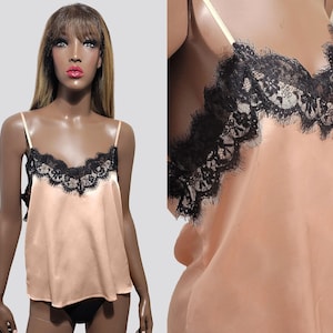 Light Pink Camisole with Black Lace Trim | Sexy Satin Camisole | Sexy Satin Tank | Light Pink Sleepwear Top | Lace Cami | Lace Top | LARGE