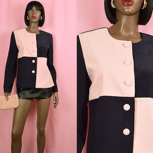 Pastel Pink Navy Blue Color Block Jacket Suede Jacket Business Casual Jacket Button Up Jacket VINTAGE 1990s Jacket 90s Blazer Jacket MEDIUM