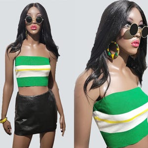 Vintage Y2K Gestreiftes Crop Top | Grün Tube Top | Gestreiftes Schlauchtop | Grünes Crop Top | Gestreiftes Schlauchtop |  Grünes Baumwoll Top (Größe M)