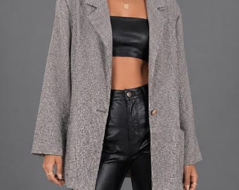 Blazer vintage de los 90 en blanco y negro a cuadros / Chaqueta estilo boyfriend extragrande / Blazer retro / TALLA GRANDE