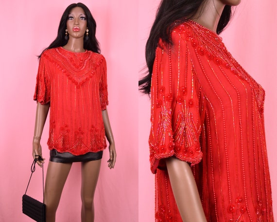 Red Silk Blouse VINTAGE 1980s Red Silk Beaded Blo… - image 1