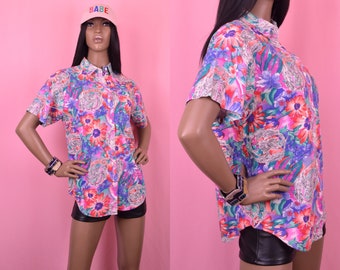 90s Vintage Colorful Floral Button Up Shirt Summertime Top Floral Button Up Blouse Flower Print Button Up Short Sleeve Top UNISEX MEDIUM