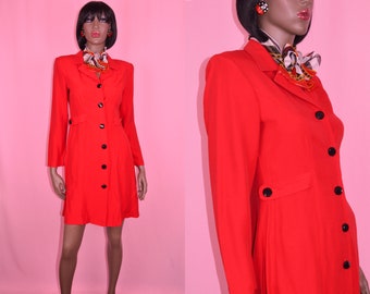 90s Vintage Red Blazer Dress with Scarf Bright Red Long Dress Long Sleeve Dress Button Up Dress Professional Dress Knee Length Jacket MEDIUM